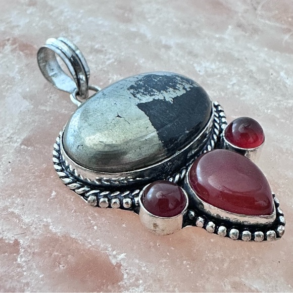 Pendant Pyrite And Carnelian Agate Large Gemstones Stones Silver Tone 3331 - Picture 7 of 9